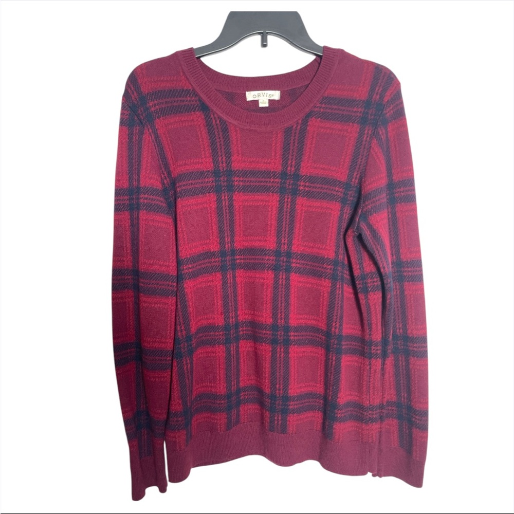 Orvis Womens Red blue Plaid Check Crewneck Casual Size Medium Wool Blend Sweater